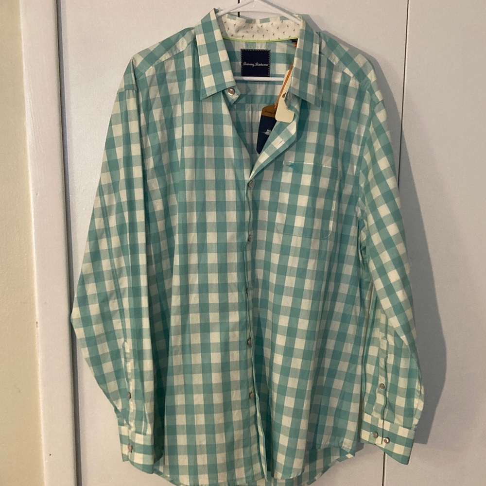 Tommy Bahama Aqua and White Gingham Button-Down Shirt size L NWT